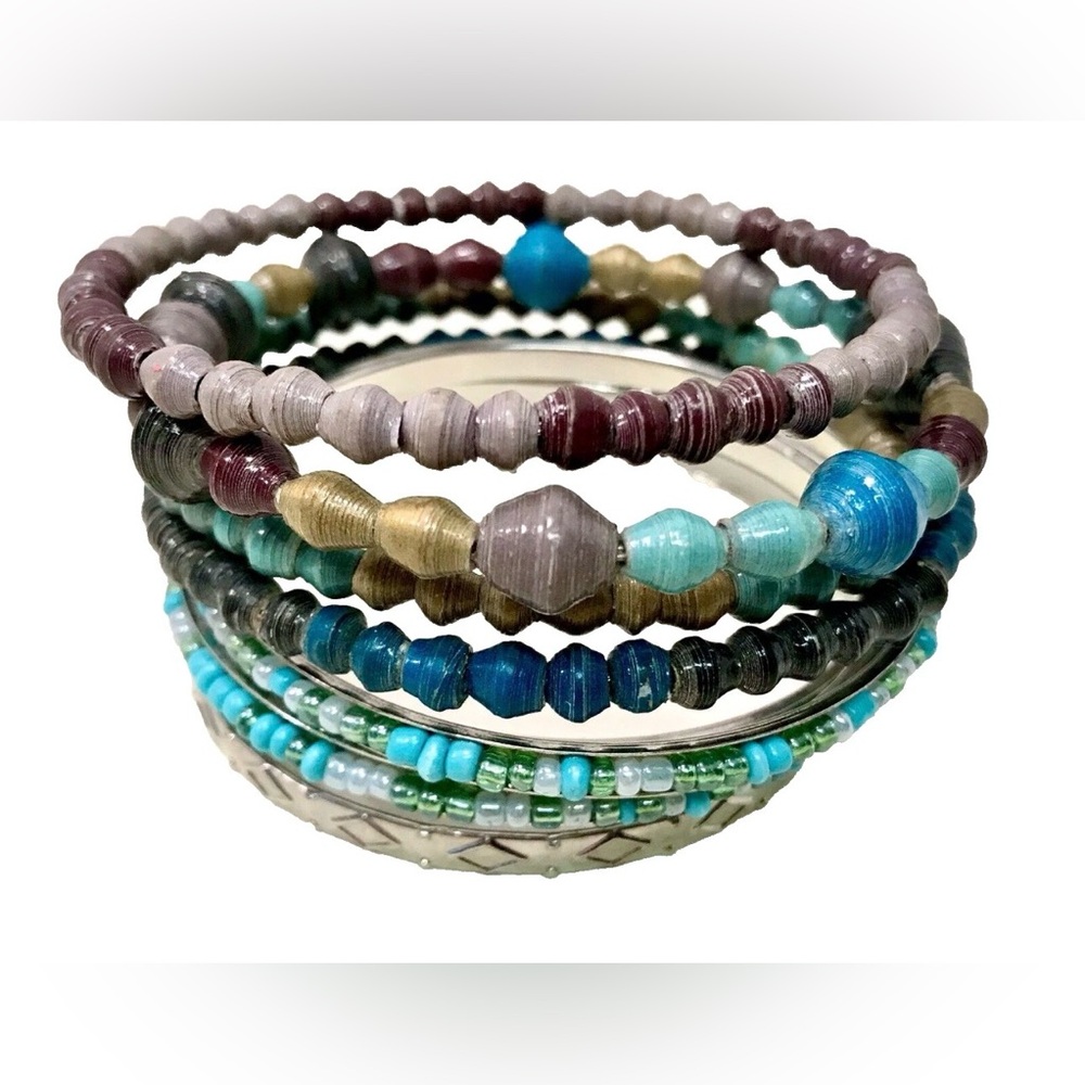 Recycled Magazine Glass Turquoise Silver Handmade Mixed 8 Trade Bangle Bracelets